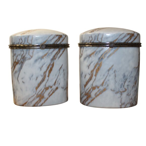 2 Three Hands Marble-Look Ceramic Jars w/Metal Trim Decorative Storage Container - Picture 2 of 7